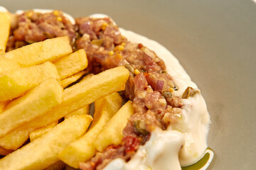 Savory Combination of Crispy French Fries Served Alongside Flavorful Meat Tartare Topped with Creamy Sauce on a Stylish Plate