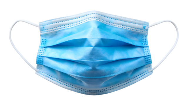 A blue surgical face mask for protection against viruses and bacteria, isolated on transparent background