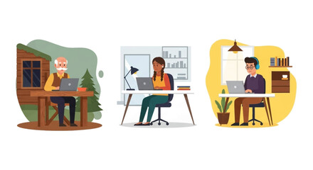 Diverse people working remotely:  Perfect for illustrating remote work, telecommuting, or work-life balance on websites and presentations.