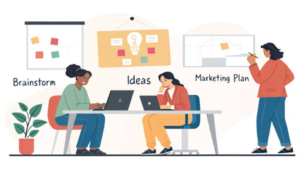 Team brainstorming and planning marketing strategy. Illustration perfect for websites, presentations, and marketing materials.