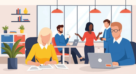 Diverse team collaborating in a modern office, perfect for illustrating teamwork and productivity on a company website or brochure.
