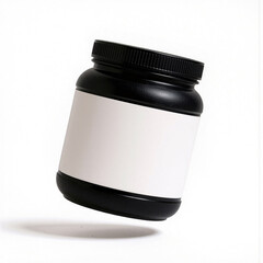 supplement jar with white label floating on white backdrop
