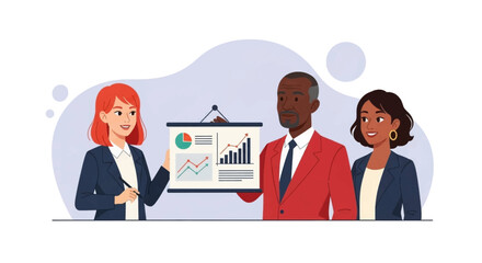 Diverse business team presenting financial data on a flip chart, ideal for presentations and reports.