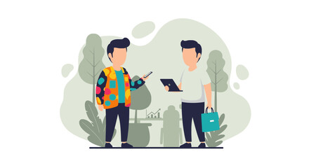 Two colleagues collaborating outdoors, using phone and tablet. Ideal for business website or presentation.