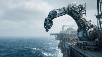 Industrial robotics at offshore oil rig technology insight marine environment aerial view future automation concept