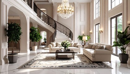 Grand, light-filled, formal interior.  Large, elegant living room with a grand staircase and chandelier