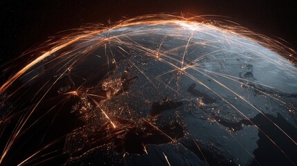 Global network connectivity earth satellite imagery space aerial view data flow