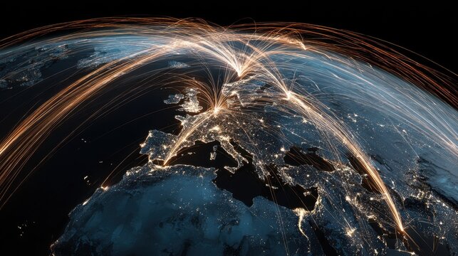 Global connectivity aeronautical routes over europe digital art nighttime view modern communication