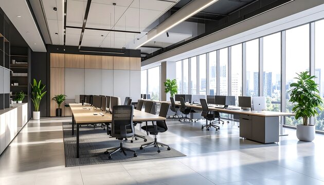 Modern open-plan office space with city views - Powered by Adobe