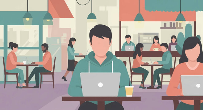 Diverse group of people working on laptops in a modern cafe, perfect for illustrating remote work, coworking spaces, or a tech startup's landing page.