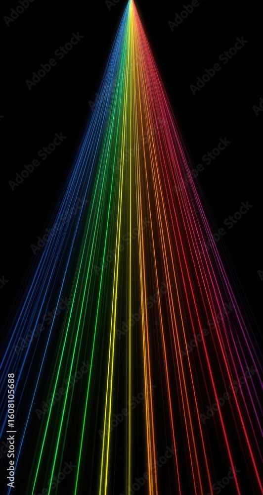 Poster a vibrant display of colorful light beams converges into a single point against a dark backdrop crea