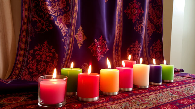 Colorful Burning Candles on Ornate Fabric
