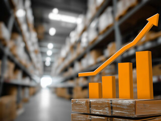 Warehouse Growth: An eye-level view of a warehouse showcases upward trending graphs over the boxes, signifying growth, potential, and the upward trajectory of success in a warehouse setting.