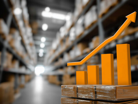 Warehouse Growth: An eye-level view of a warehouse showcases upward trending graphs over the boxes, signifying growth, potential, and the upward trajectory of success in a warehouse setting. - Powered by Adobe
