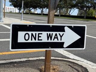 One Way Trail Sign: Simple directional sign in natural outdoor setting guiding hikers or bikers to...