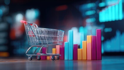 Shopping cart and bar graphs on a dark surface