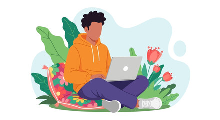 Man working on laptop in nature, perfect for websites, blogs, and social media posts about remote work, freelance, or work-life balance.