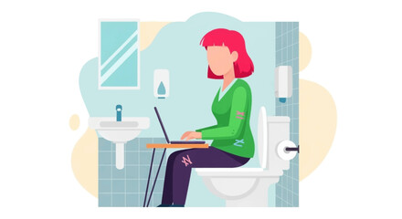 Woman working on laptop in restroom, perfect for articles on work-life balance or remote work challenges.