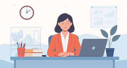 Calm businesswoman working at her desk, perfect for websites or brochures promoting work-life balance.