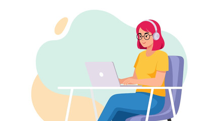 Young woman working from home on her laptop, wearing headphones. Ideal for blog posts, websites, and social media.