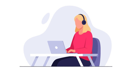 Woman working from home on laptop, wearing headphones. Ideal for websites, blogs, or presentations about remote work.