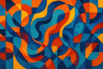 Dynamic abstract composition with flowing blue and orange geometric elements creating energetic modern design background