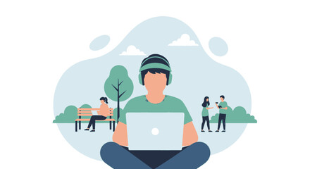 Young man working on laptop in park, other people using technology nearby. Ideal for website, blog, or app showcasing remote work, coworking, or tech.