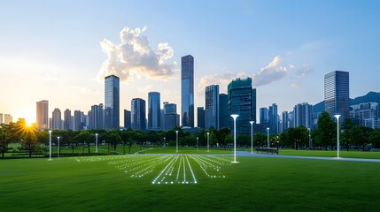 Obraz premium Lush green park with a modern urban skyline in the background