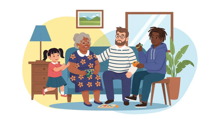 Multigenerational family playing games together at home, perfect for family, togetherness, and bonding themes.