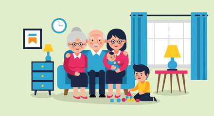 Happy multigenerational family at home, perfect for family-themed websites or brochures.