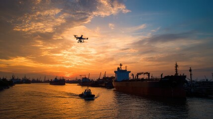 Drone surveillance over cargo ships at sunset port area photography industrial environment aerial view modern technology