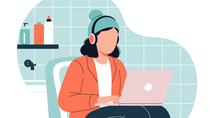 Woman working on laptop in bathroom, perfect for blog posts about work-life balance or remote work.