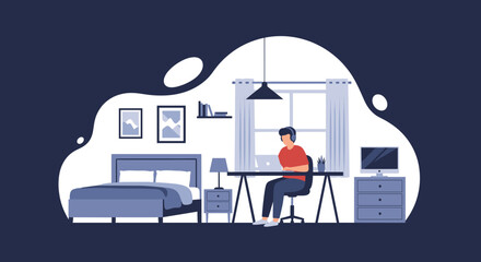 Man working from home on laptop in bedroom - perfect for remote work, work from home, and productivity blog posts.
