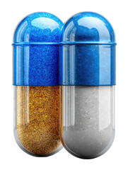 Two realistic medicine capsules blue and white on transparent background

