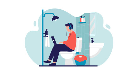 Man working on laptop in bathroom, perfect for articles on work-life balance or remote work.