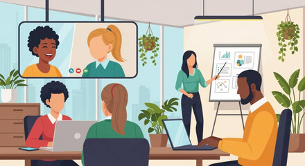 Diverse team collaborating on a project, perfect for illustrating teamwork, hybrid work, or online meetings for business presentations.