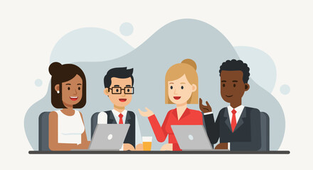 Diverse business team collaborating on laptops, perfect for website banners or presentations.