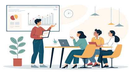 Business team meeting: A presenter shows a graph and charts to colleagues. Perfect for presentations on teamwork, business growth, or corporate strategy.