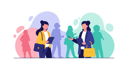 Two businesswomen collaborating amidst a busy crowd, ideal for websites, presentations, and brochures.