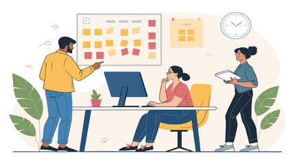 Teamwork and collaboration in a modern office setting; perfect for illustrating project management or team building concepts.