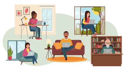Diverse group of people working remotely from home, perfect for illustrating work from home concepts, remote teams, or flexible work arrangements.