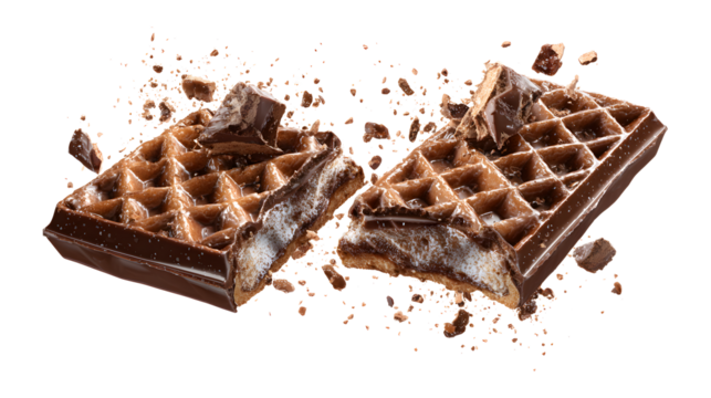 Waffle chocolate bar crushed in the air isolated on a white background