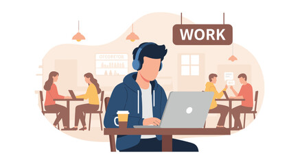 Young man working on laptop in a coworking space, ideal for website banners or blog posts about remote work.