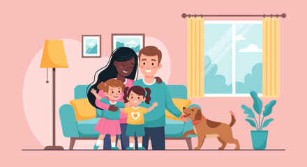 Happy family with two daughters and a dog at home, perfect for family blogs or websites.