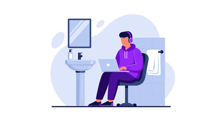 Person working on laptop in bathroom, perfect for illustrating work-life balance or remote work articles.