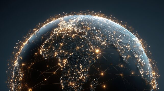 Global network connectivity earth digital visualization cosmic perspective aerial view data-driven technology insights