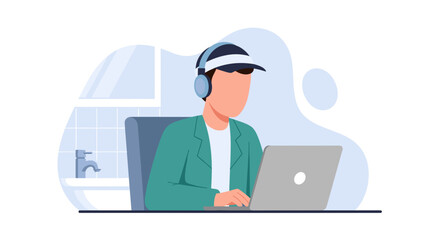 Man working on laptop from home, wearing headphones. Perfect for blog posts, websites or presentations about remote work.