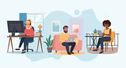 Diverse team working remotely from home, perfect for illustrating work from home concepts, remote teams, or flexible work.