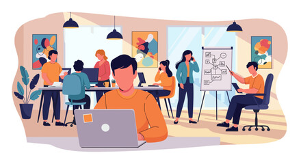 Busy office workers collaborating on projects, perfect for website banners or presentations.