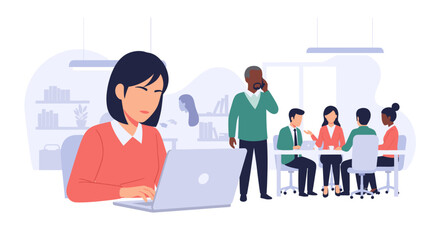 Diverse team collaborating in modern office, ideal for business presentations or website landing pages.